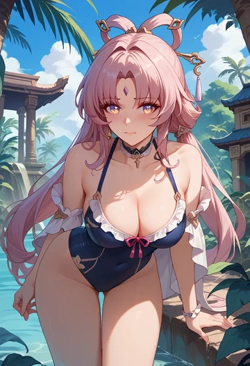 star rail,fu xuan,retro style swimsuit,frilled neckline,bow detail  - AI generated anime art